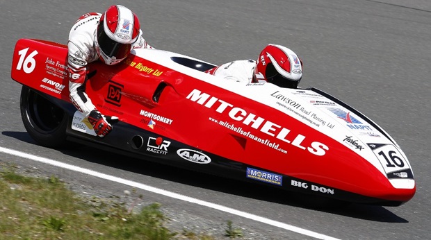 Ben and Tom Birchall on their way to victory in the first race at the German round of the World Sidecar Championship (Mark 'Wally' Walters)